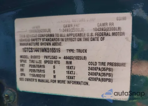 1998 GMC Sonoma Sl z USA, uszkodzony, nr VIN 1GTCS1441WK516519